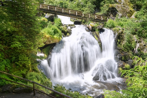 Triberg,Waterfall,With,Wooden,Bridge,In,The,Sunny,Summer.,Taken