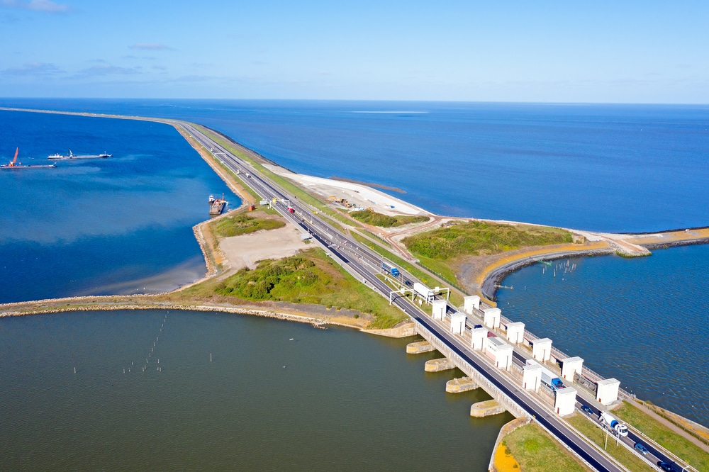 Aerial,From,Sluices,At,Kornwerderzand,In,The,Netherlands